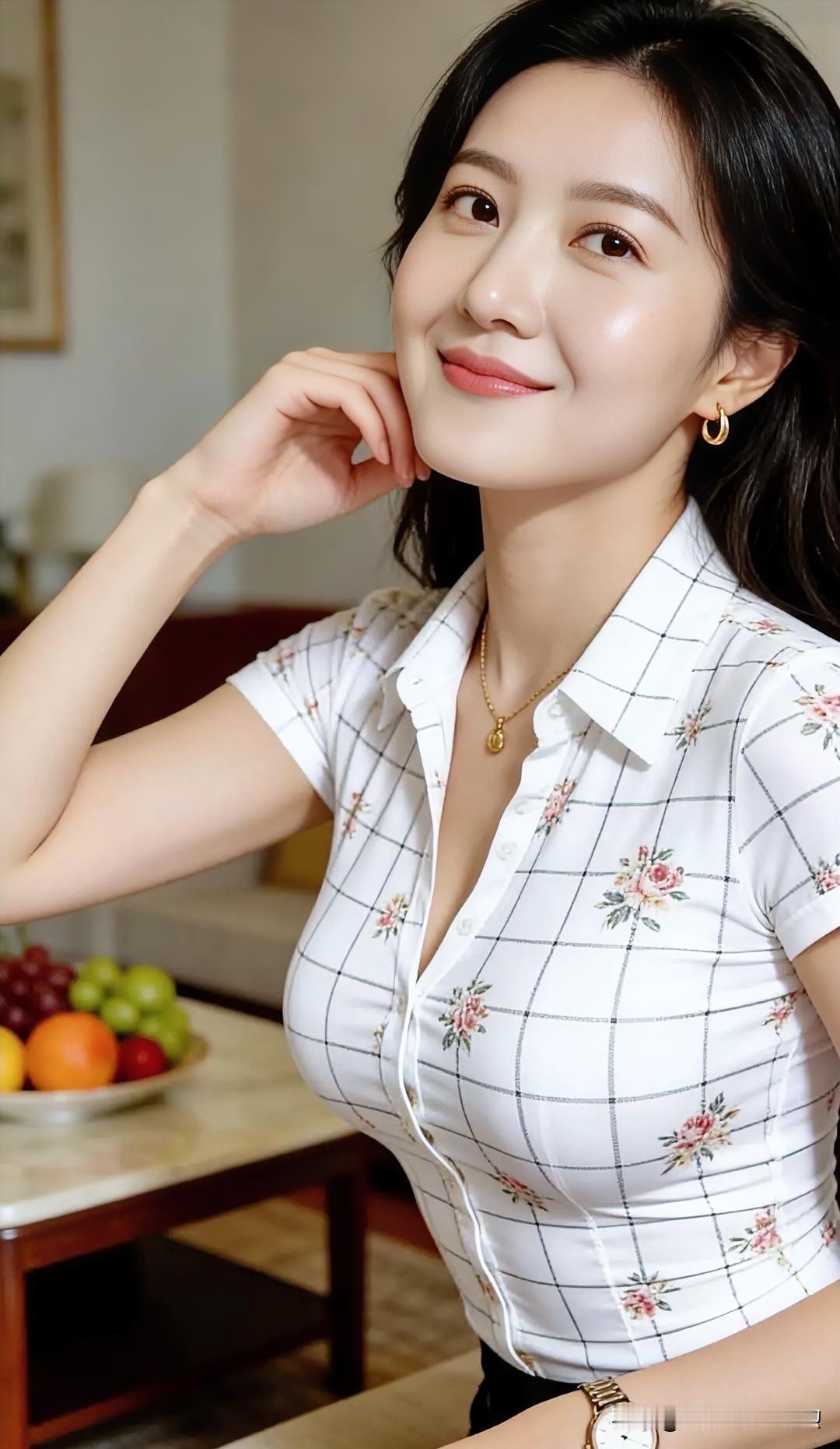 格纹碎花衬衫，勾勒柔美曲线。金饰点缀温婉气质，居家慵懒中透着精致与从容。