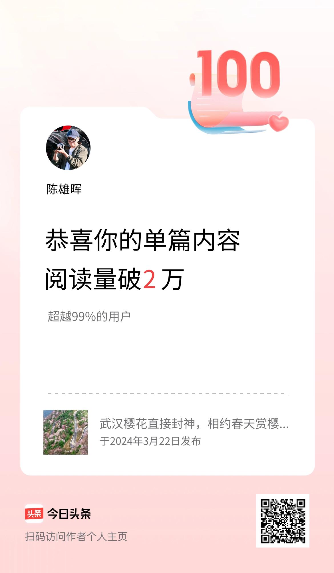 单篇内容获得阅读量破2万啦！