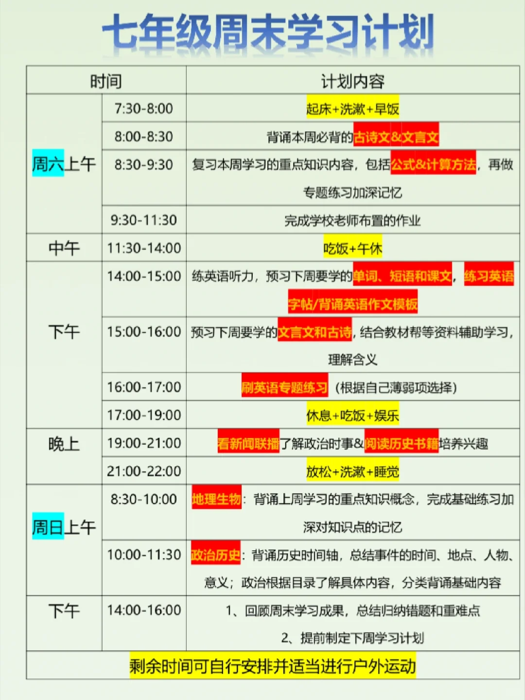 熬夜整理出适合七年级普娃的周末学习计划‼️