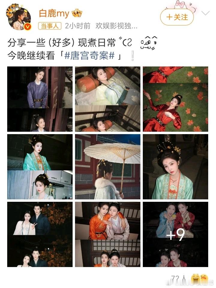 白鹿发了37张照片37张照片＝生活随拍+剧组花絮+角色剧照+“今晚继续看唐宫奇案