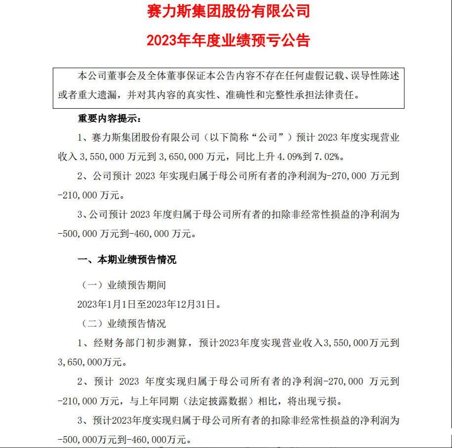 赛力斯发了2023年的业绩预告。