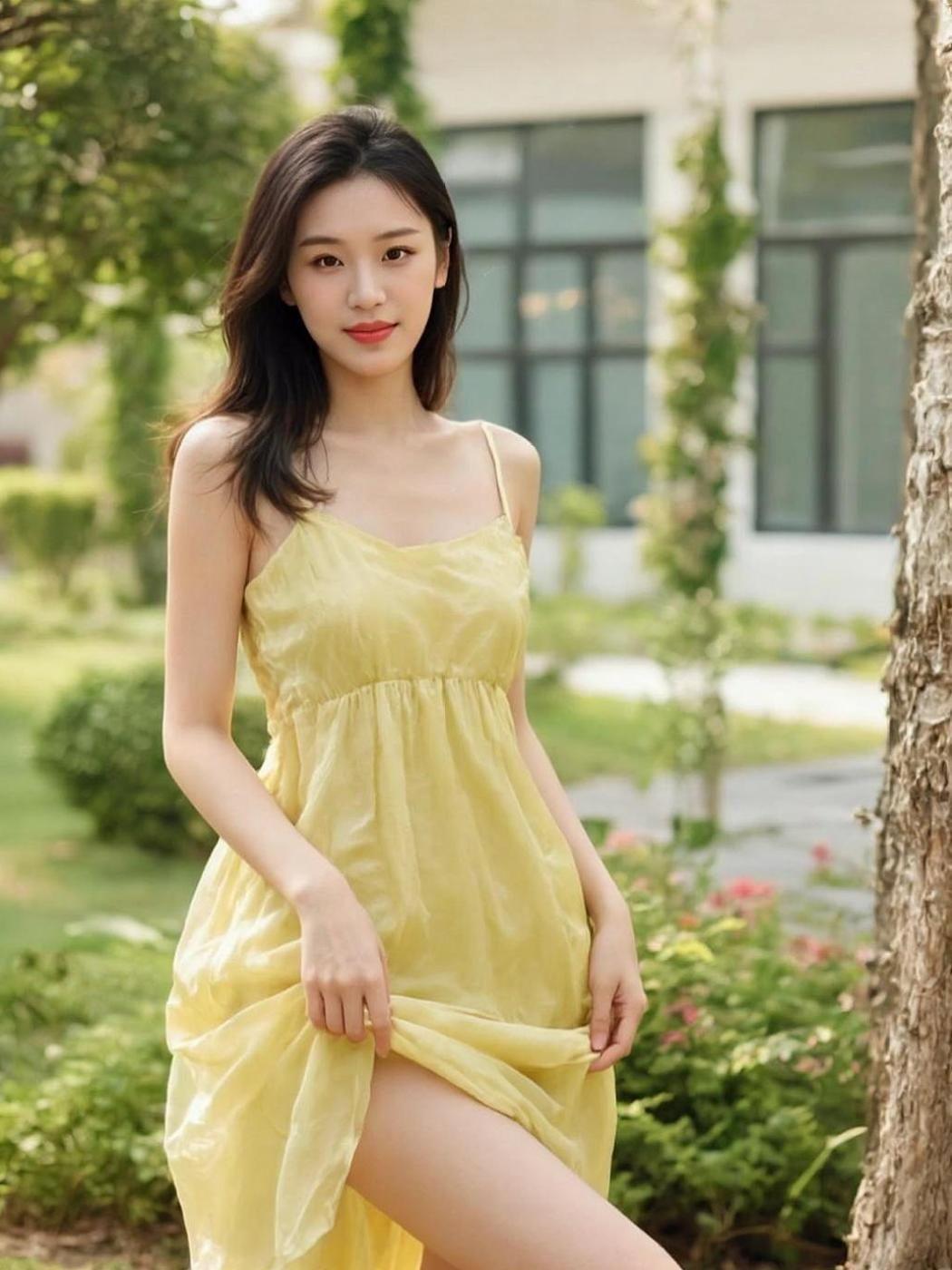 这身黄裙，阳光下简直亮得发光，像极了“行走的小灯泡”。别人是“人靠衣装”，我是“