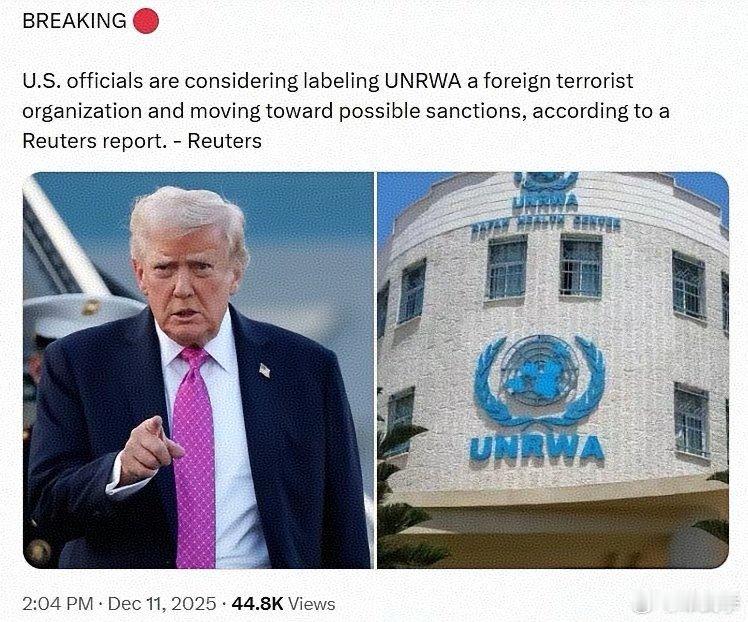 美国正考虑将联合国近东巴勒斯坦难民救济和工程处（UNRWA）列为“外国恐怖组织”