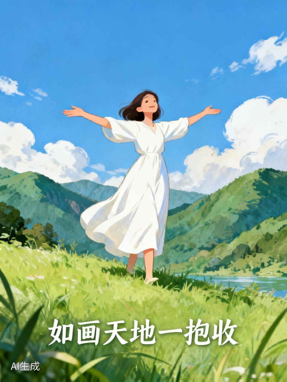 碧空浮絮云悠悠，
绿水青山草木柔。
白衣女子舒双臂，
如画天地一抱收。     