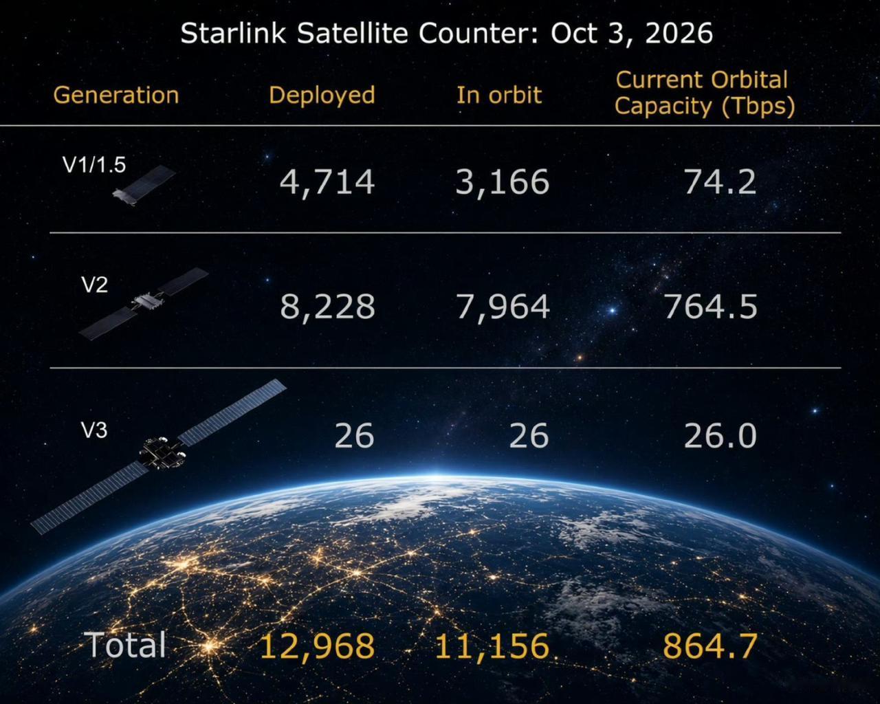 星链最新在轨数据出炉，目前天上一共11156颗卫星。老一代V1卫星陆续老化坠落，