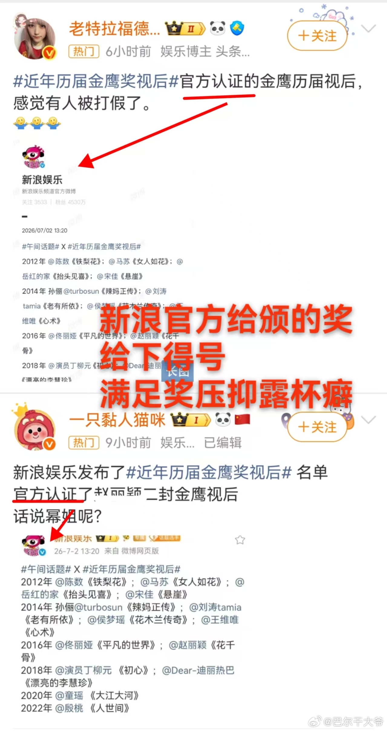 近年历届金鹰奖视后 杨幂的奖来自于中国文学艺术界联合会（中国文联）与中国电视艺术