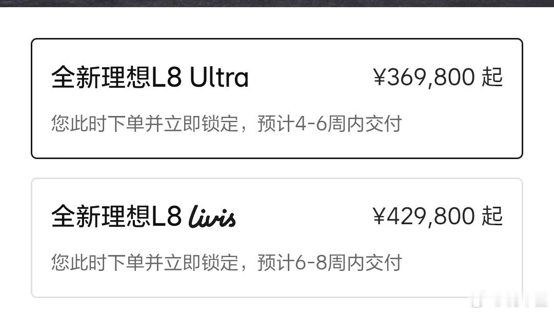 看理想汽车小程序，理想L8 Ultra的交付时间还在4-6周理想L8 Livis