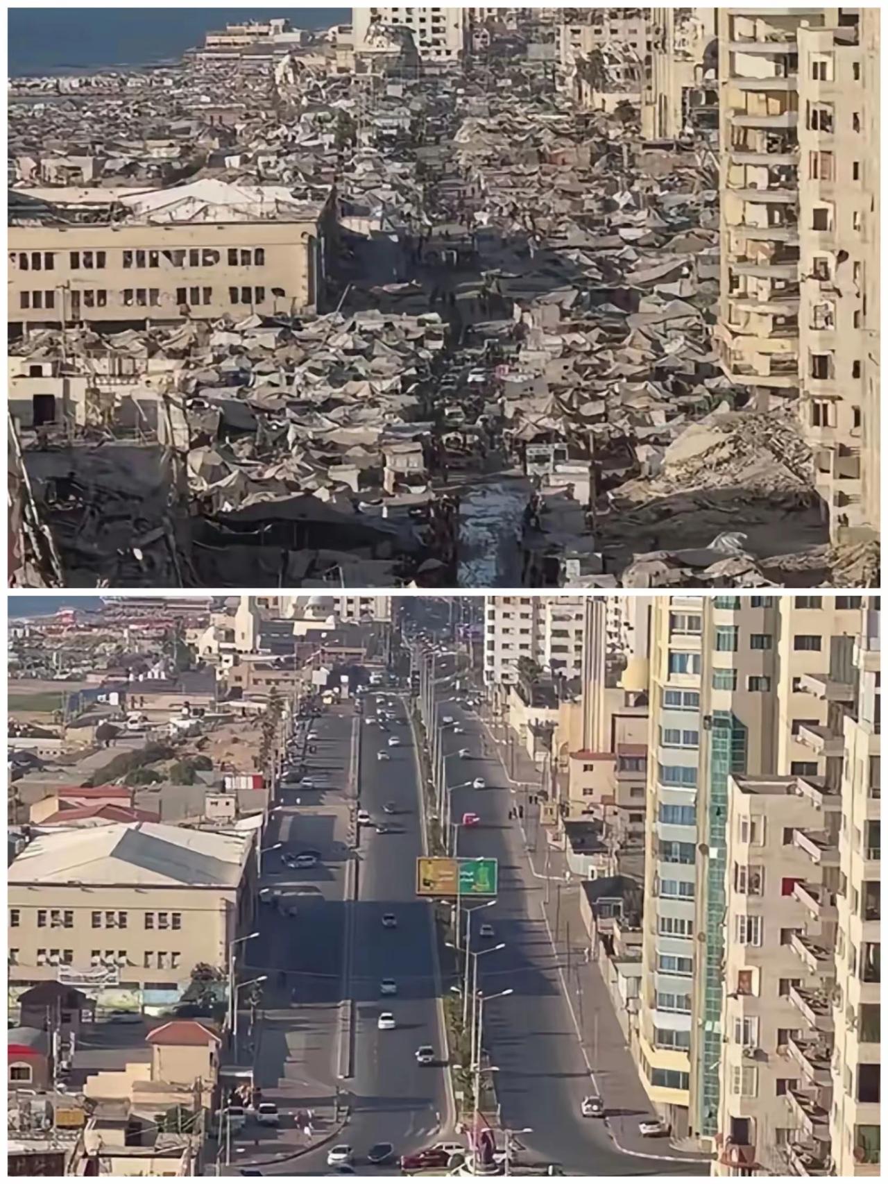 一边是以色列抢来的“天堂”，一边是以色列人为制造的“地狱”！

图1上方是被以色