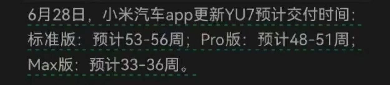 小米YU7不公布24小时销量当前YU7预计交付时间标准版53-56周Pro版48