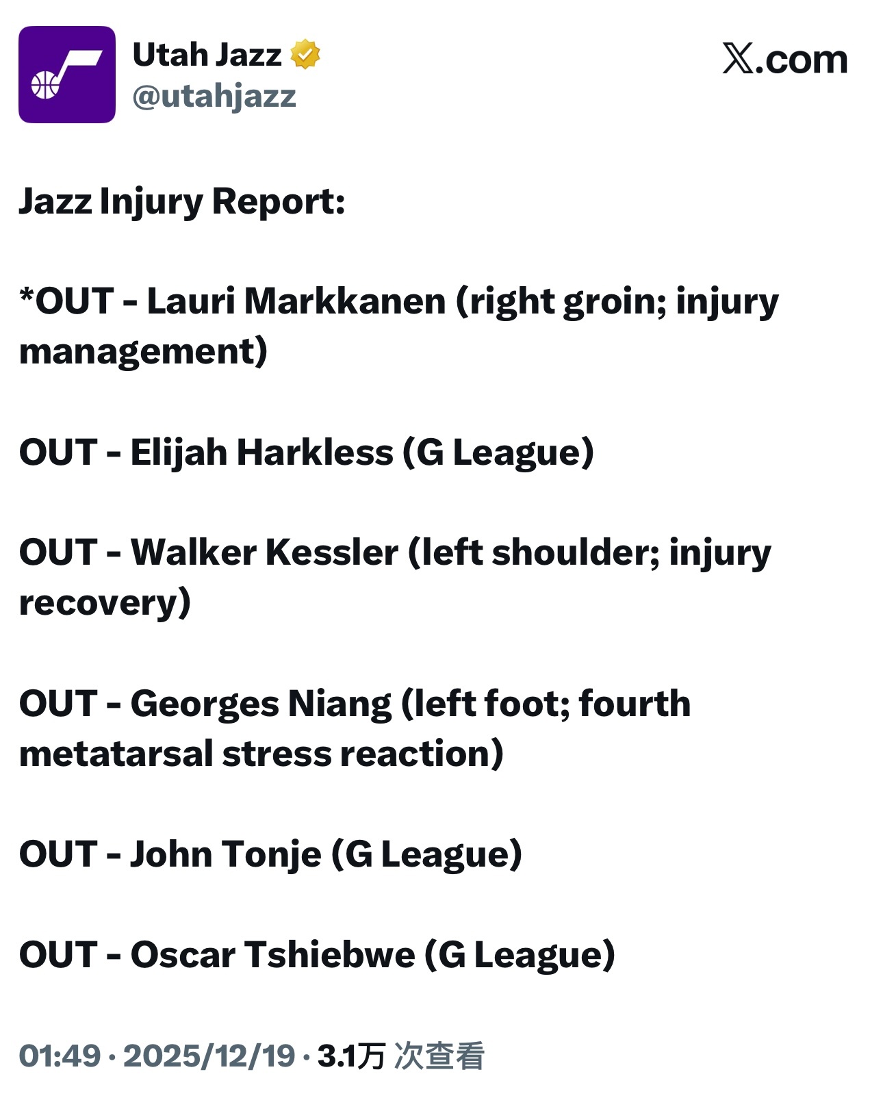 爵士更新伤情，马尔卡宁腹股沟伤势今天不打。 