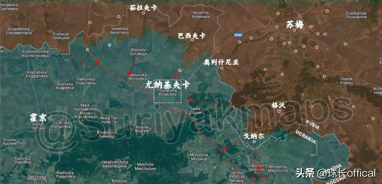 尤纳基夫卡没有形成沃尔昌斯克绞肉战的地理条件，苏梅北边边境附近水障规模非常小，苏