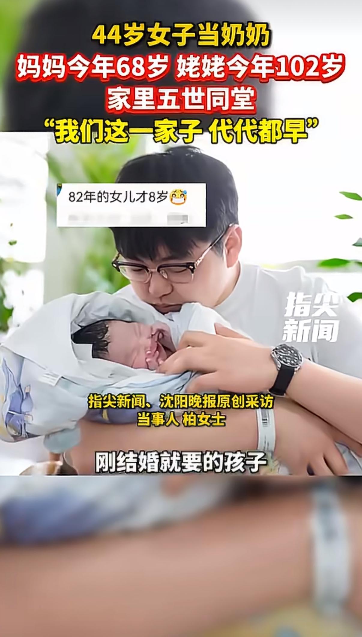 辽宁沈阳的柏女士今年44岁，因为22岁的儿子喜得贵子，一下子升级当了奶奶，家里6