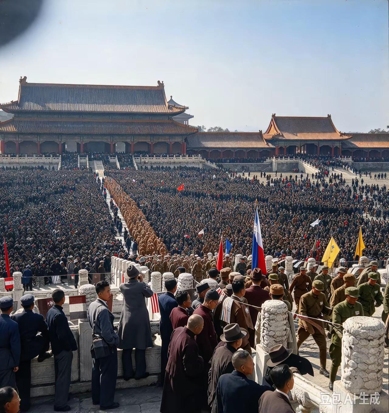 1945年10月10日，华北战区在故宫太和殿举行的受降仪式，这比明清皇帝登基更值