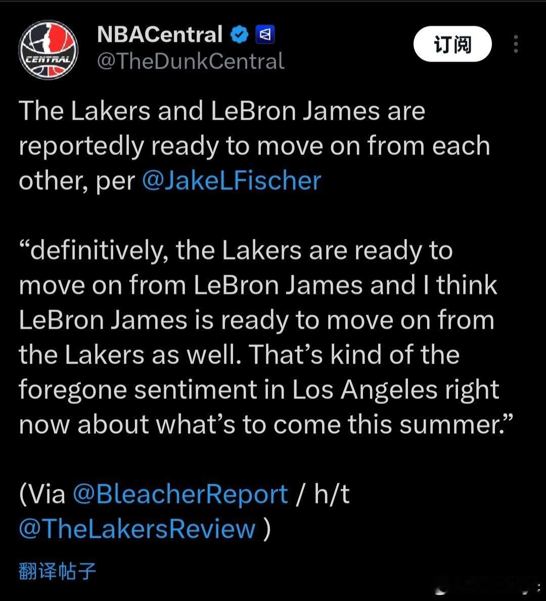 詹姆斯或将在今夏离开湖人 Jake Fischer：“可以肯定地说，湖人已经准备