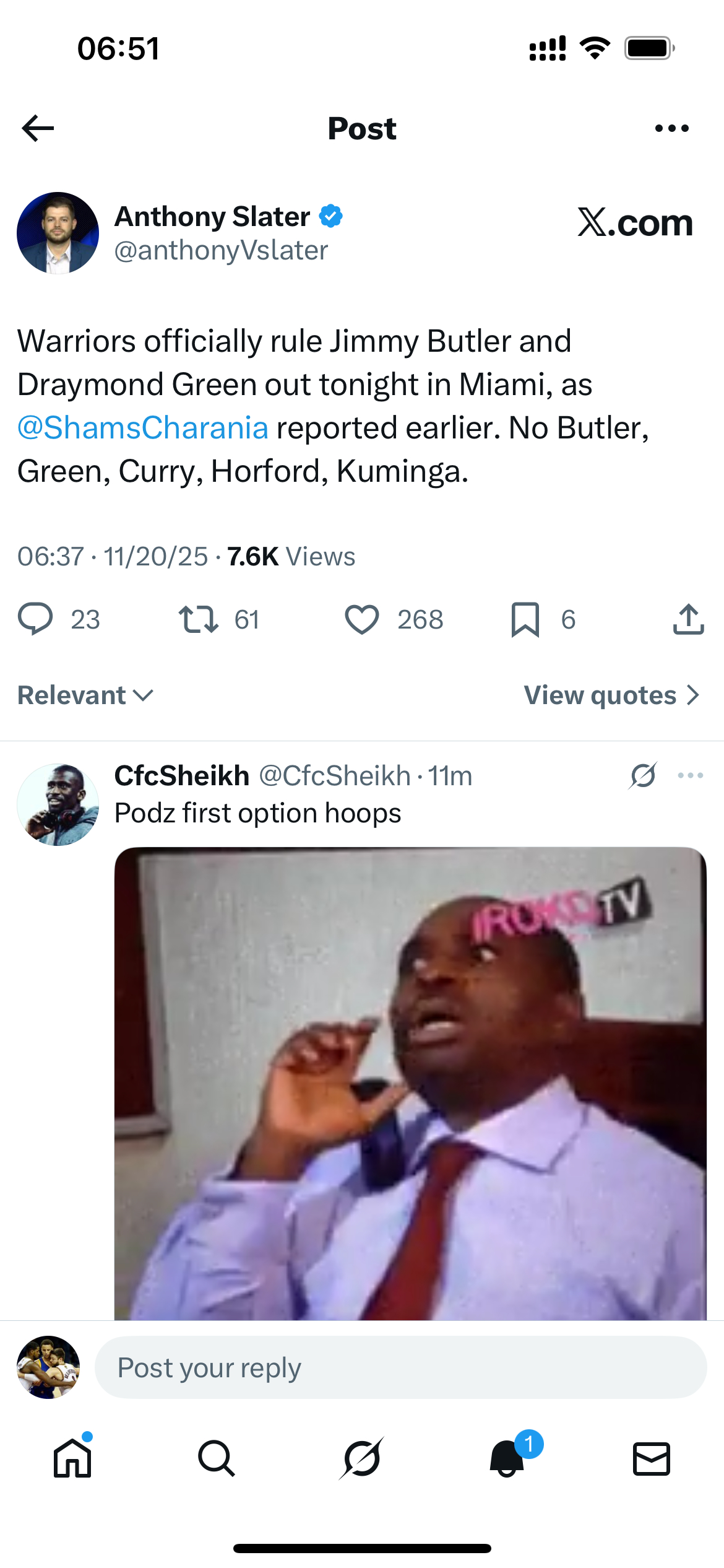 今天的比赛，库里，巴特勒，追梦，霍福德和库明加都不打 