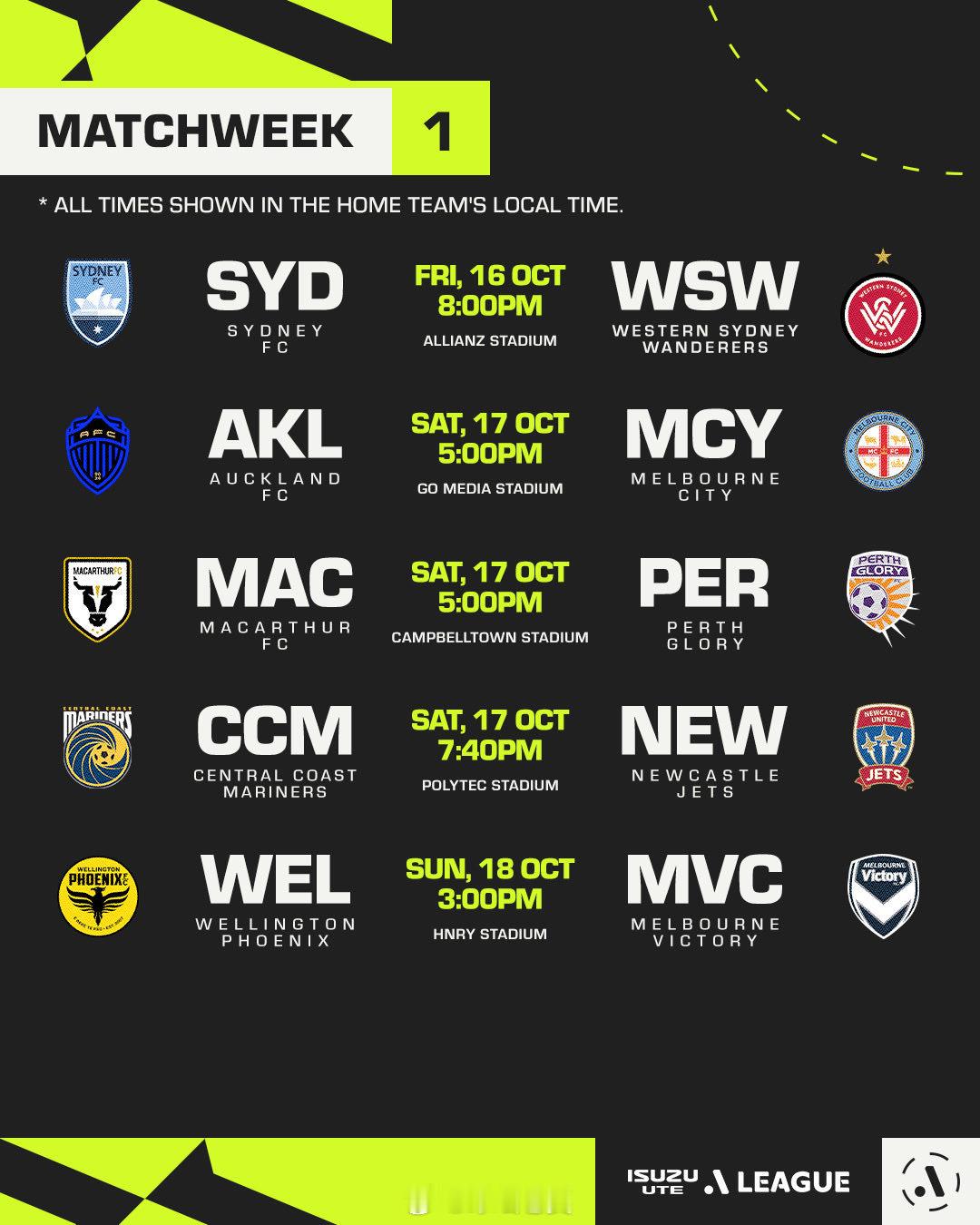 【足球快讯】9月3日讯 澳超官方公布了新赛季的首轮赛程，10月16日正式开赛。其