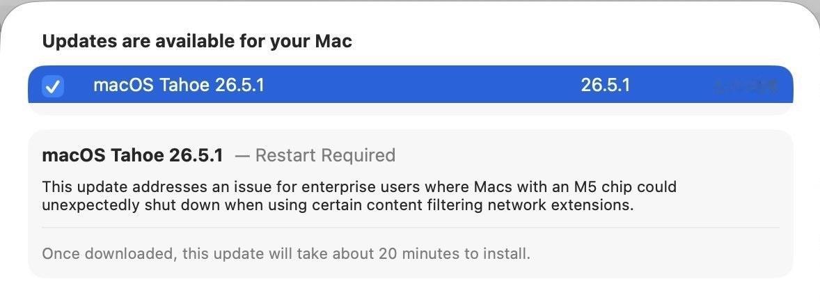 【Apple 发布 macOS Tahoe 26.5.1 解决影响 M5 Mac