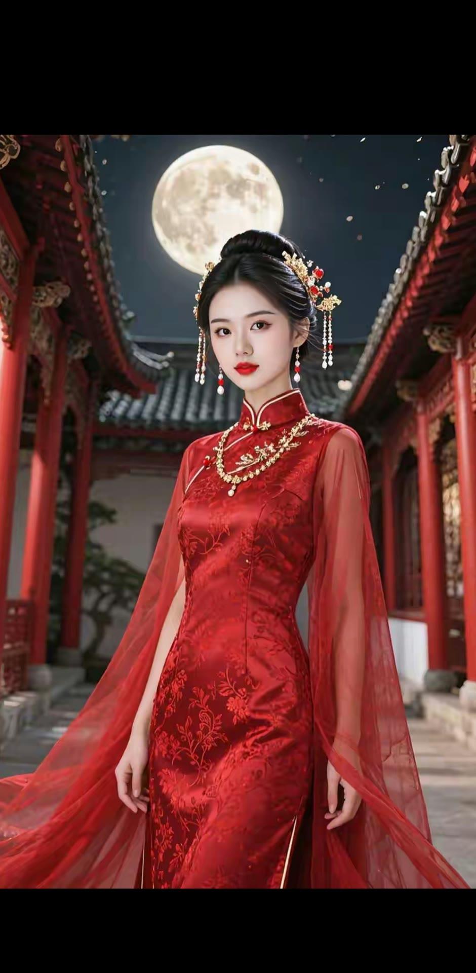 月色下的古典美人，红衣飘逸，古风韵味十足。