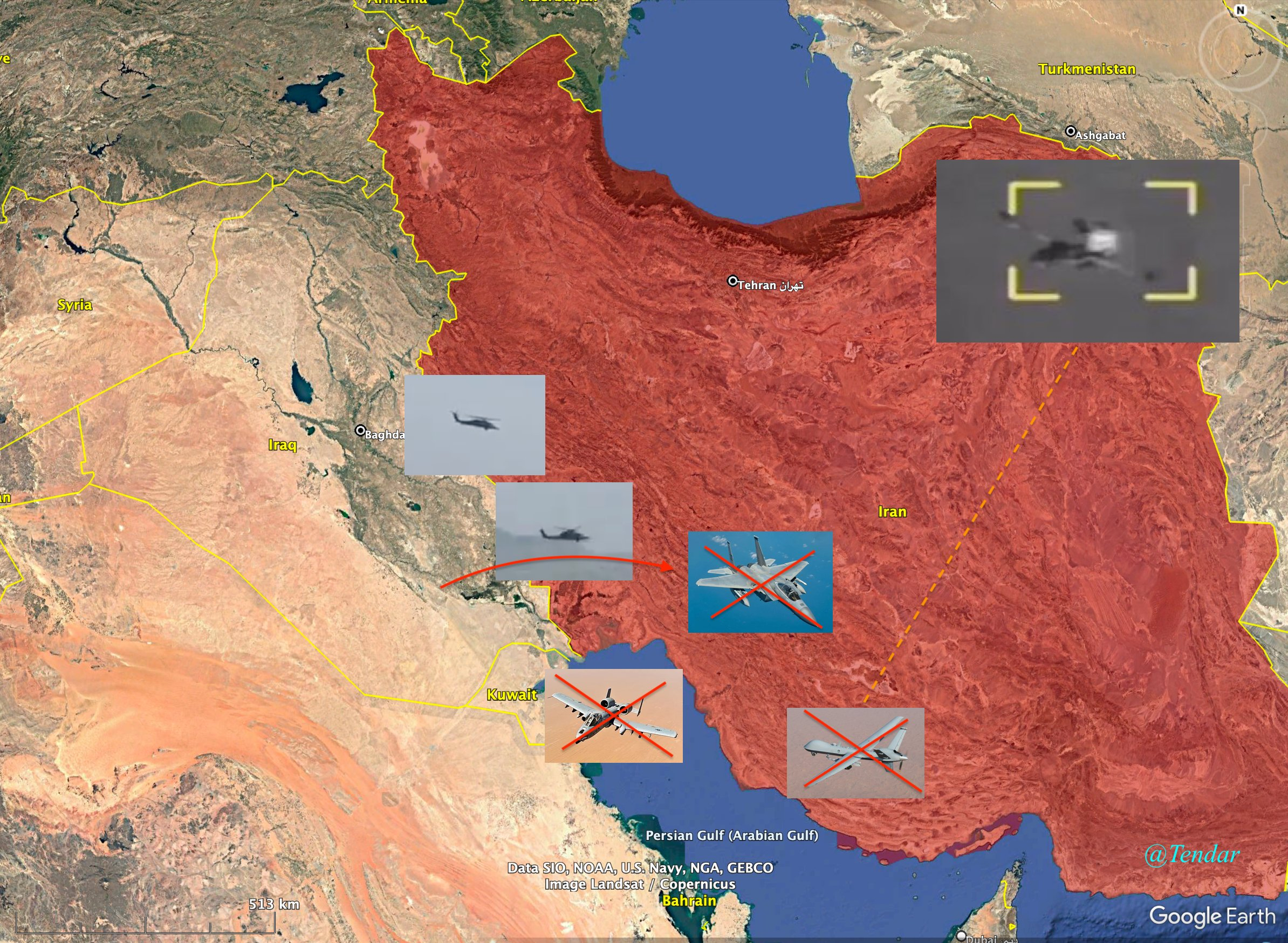 4月3日，美军损失的三架军机的坠毁位置，另有2架参与搜救的黑鹰被击伤。 