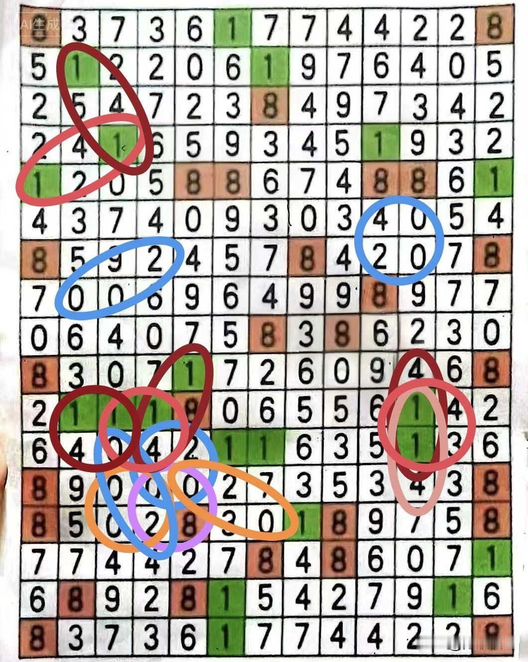数组“411”与“020”共有15个粘连，全部挤作一团。另外还2团是不粘连的，总