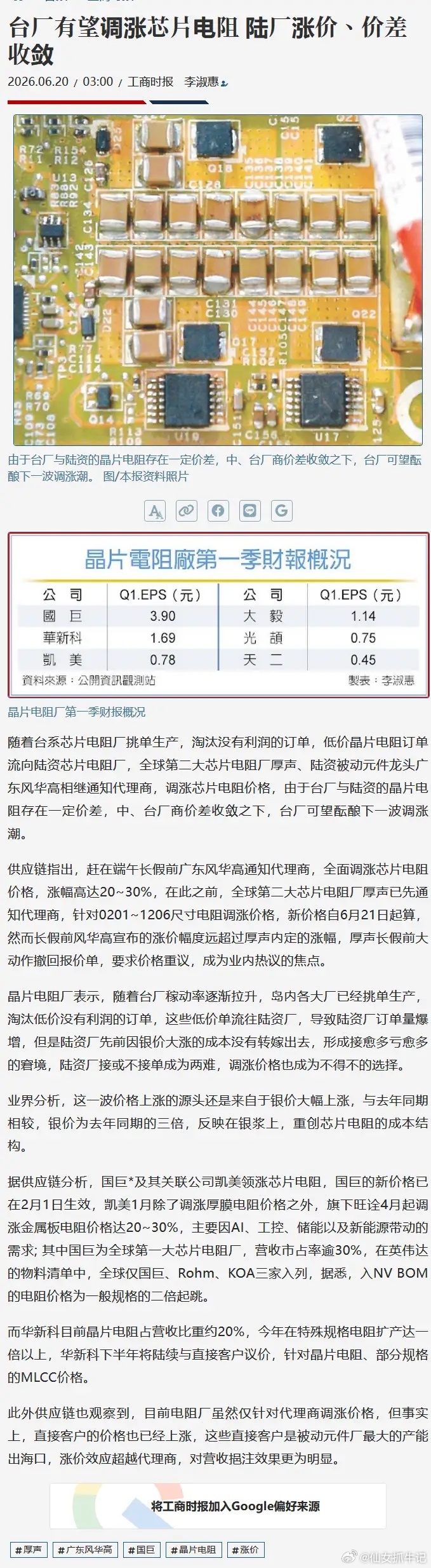台厂有望调涨芯片电阻 陆厂涨价、价差收敛随着台系芯片电阻厂挑单生产，淘汰没有利润