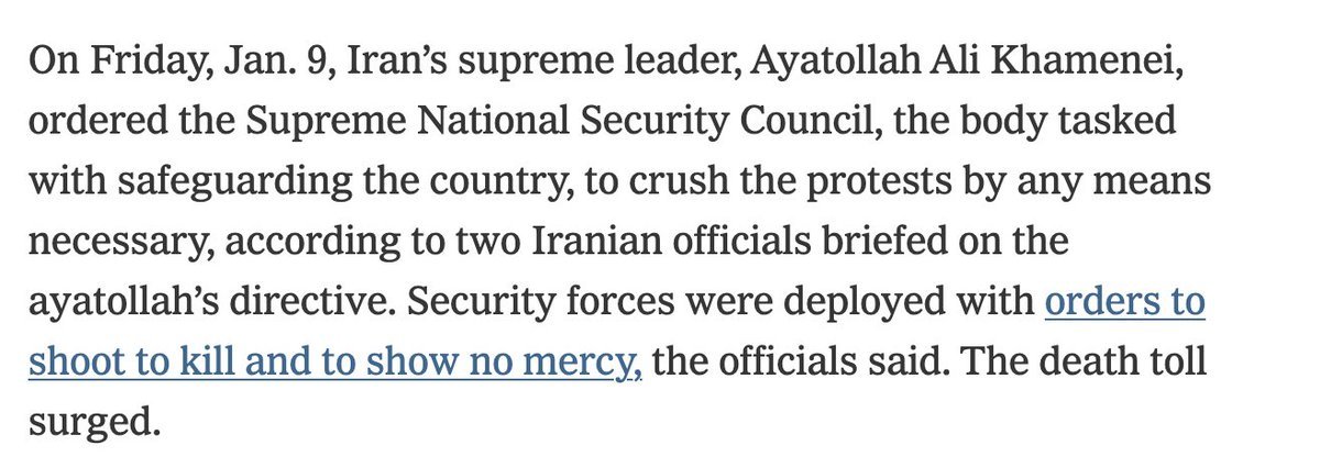 ❗据《纽约时报》报道，伊朗官员称，哈梅内伊于1月9日下令最高国家安全委员会“不惜