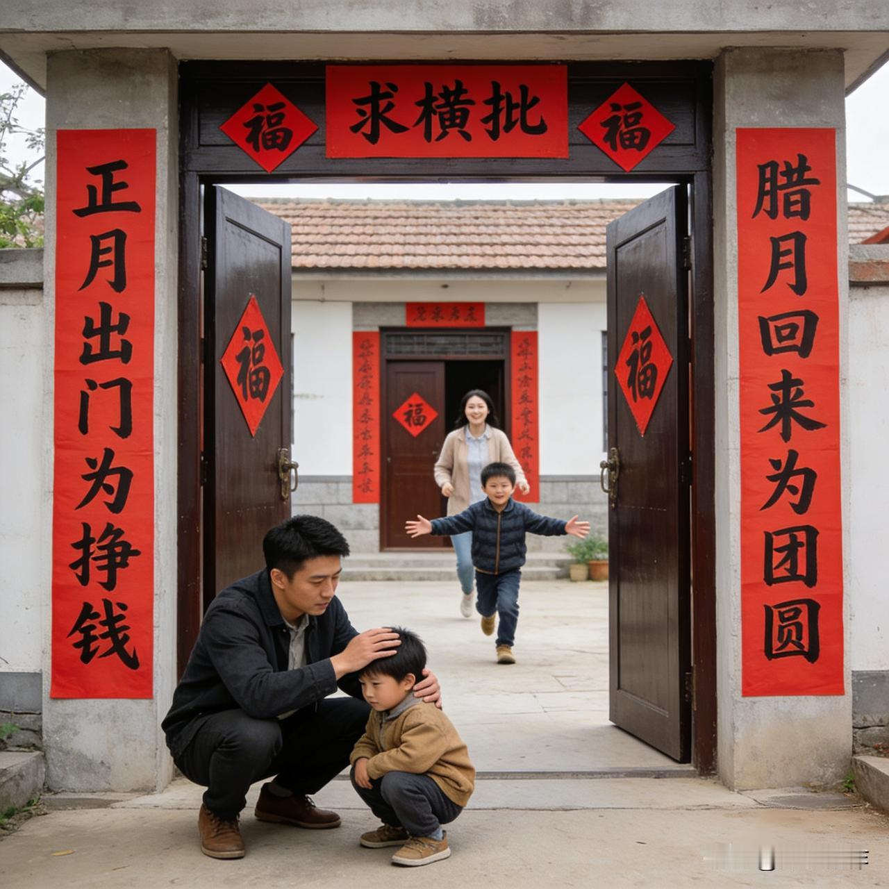 这副对联道尽了寻常人的奔波与牵挂——正月里背上行囊为生计出发，腊月里踏遍风尘为团