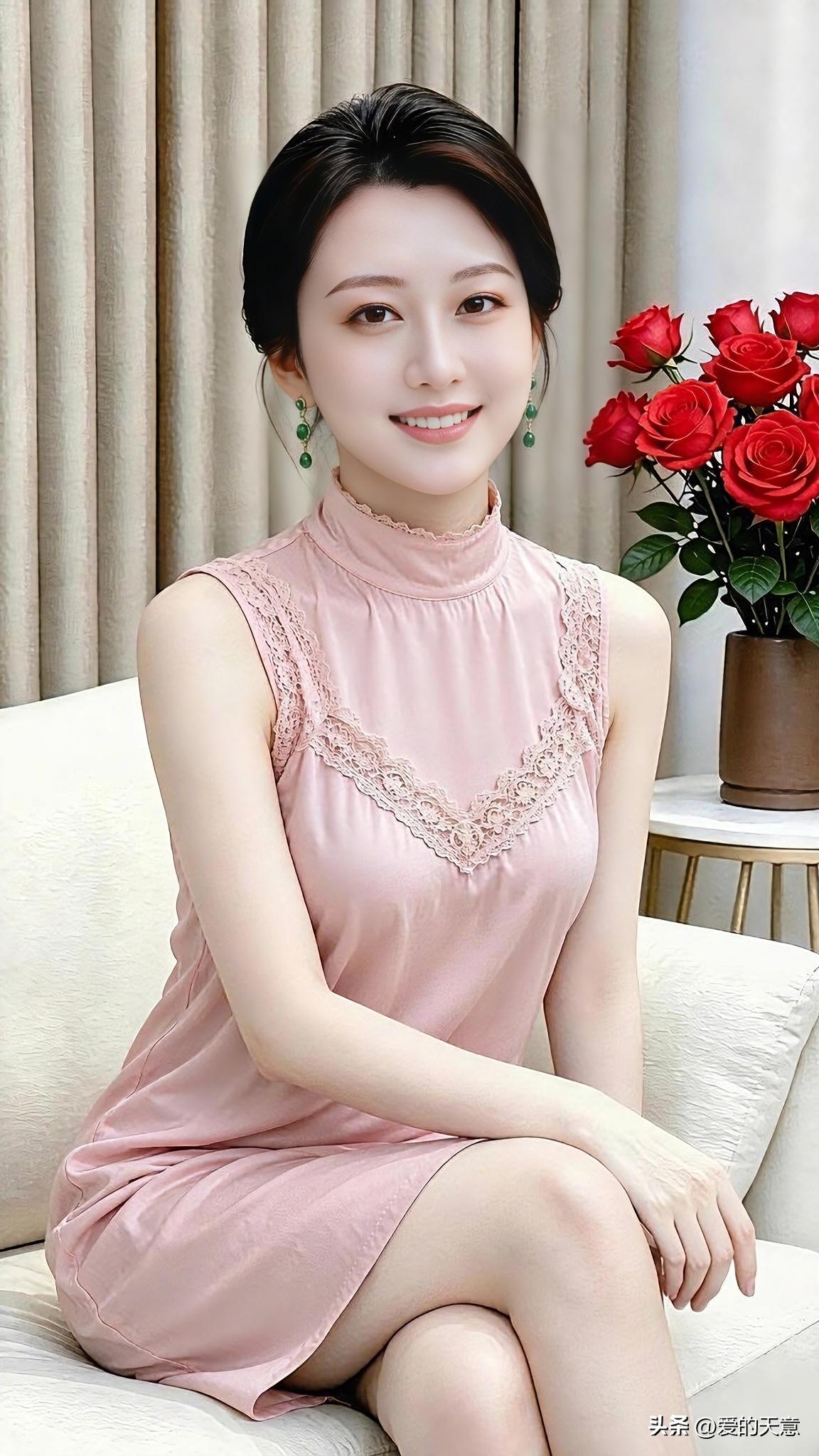 身着温柔的粉色连衣裙，精致蕾丝点缀衣身。安坐家中，从容浅笑，不刻意雕琢，由内而外