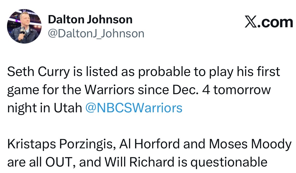 高挂免战牌，波津、霍福德、穆迪缺席明日与爵士的比赛，塞斯-库里大概率出战。 