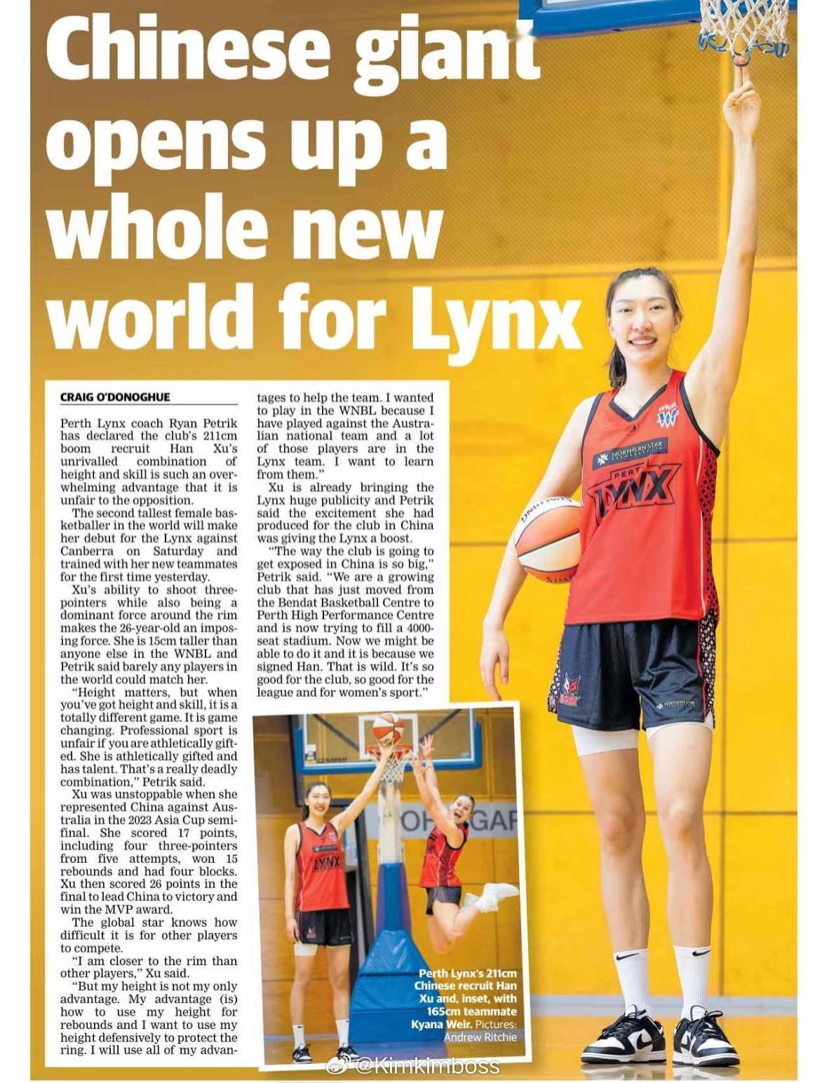 女篮韩旭登上澳洲的《西澳大利亚人》头版

这是西澳的主流报纸。

在文中主要讲了