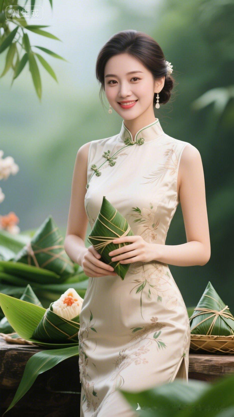 优雅旗袍，绿意盎然，传统与自然的完美融合。