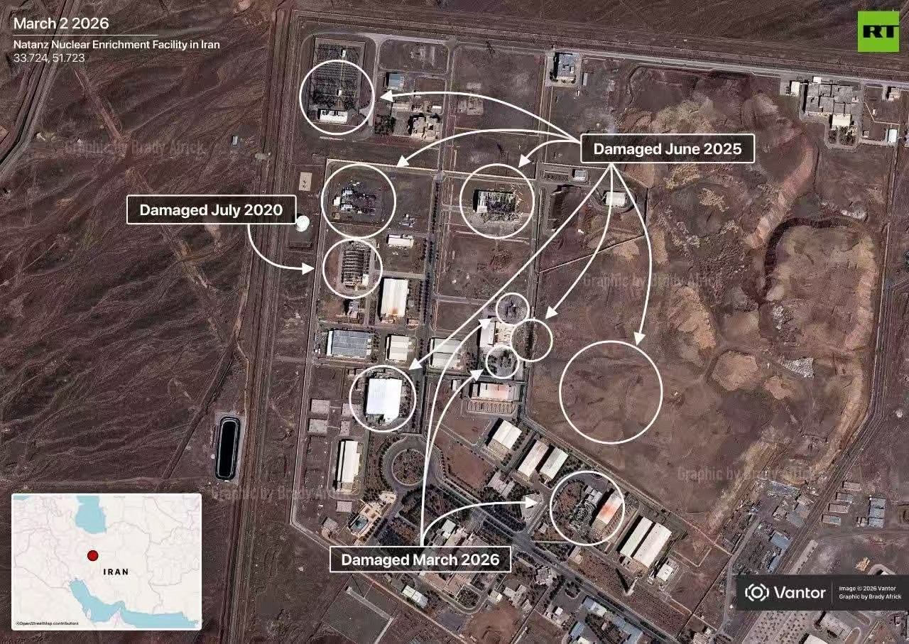 3月2日的最新卫星图像证实伊朗纳坦兹核浓缩设施再次遭到袭击，图片上标住损坏发生的