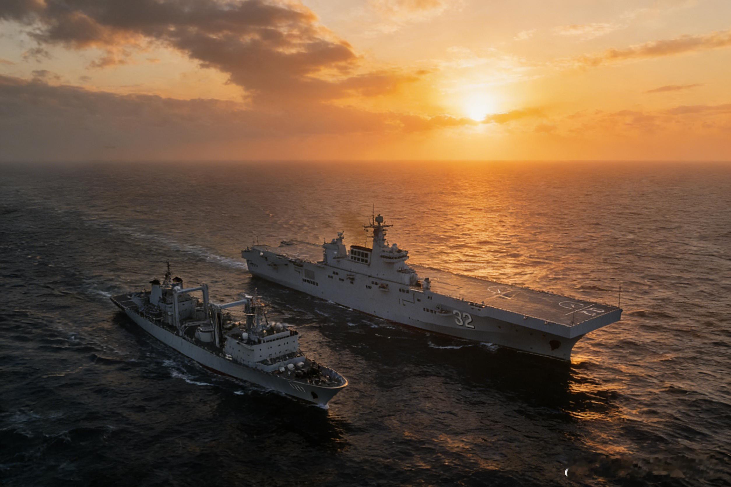 朝霞中的两栖攻击舰 