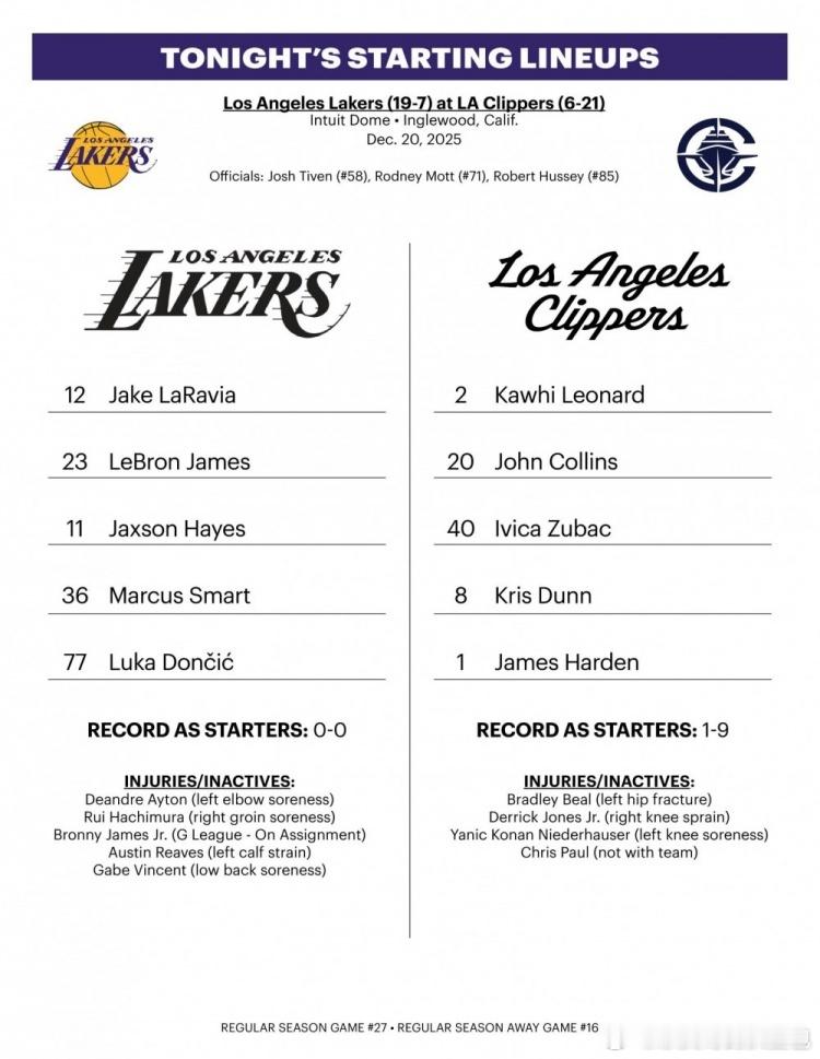 湖人首发：东契奇、詹姆斯、海斯、斯玛特、拉拉维亚