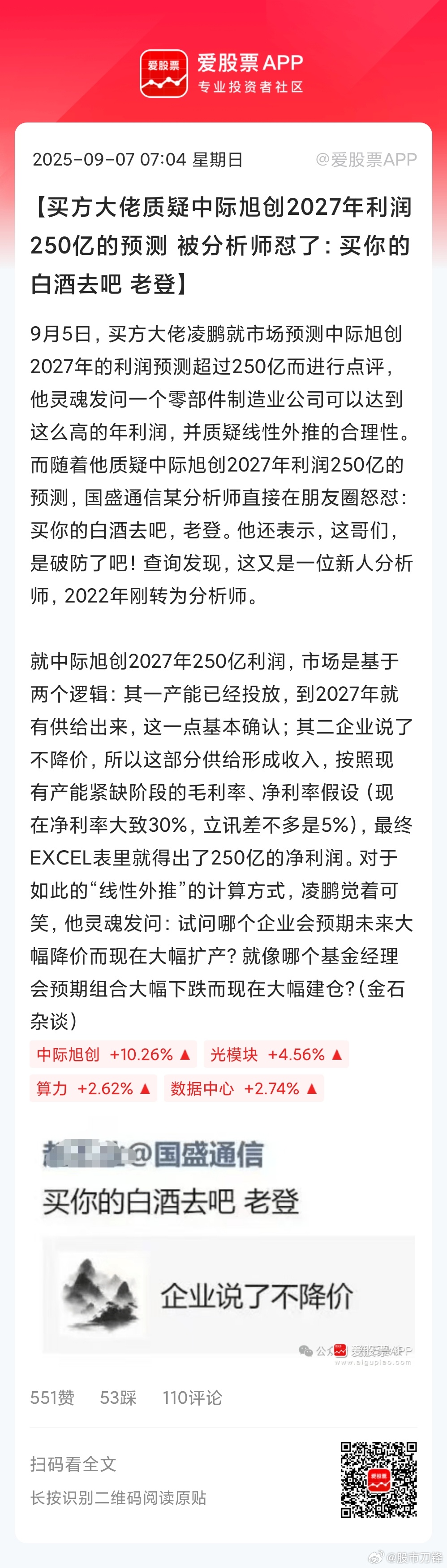 周末A股比较火的事儿，买方大佬凌鹏质疑中际旭创250亿利润的预测，觉得缺乏合理性