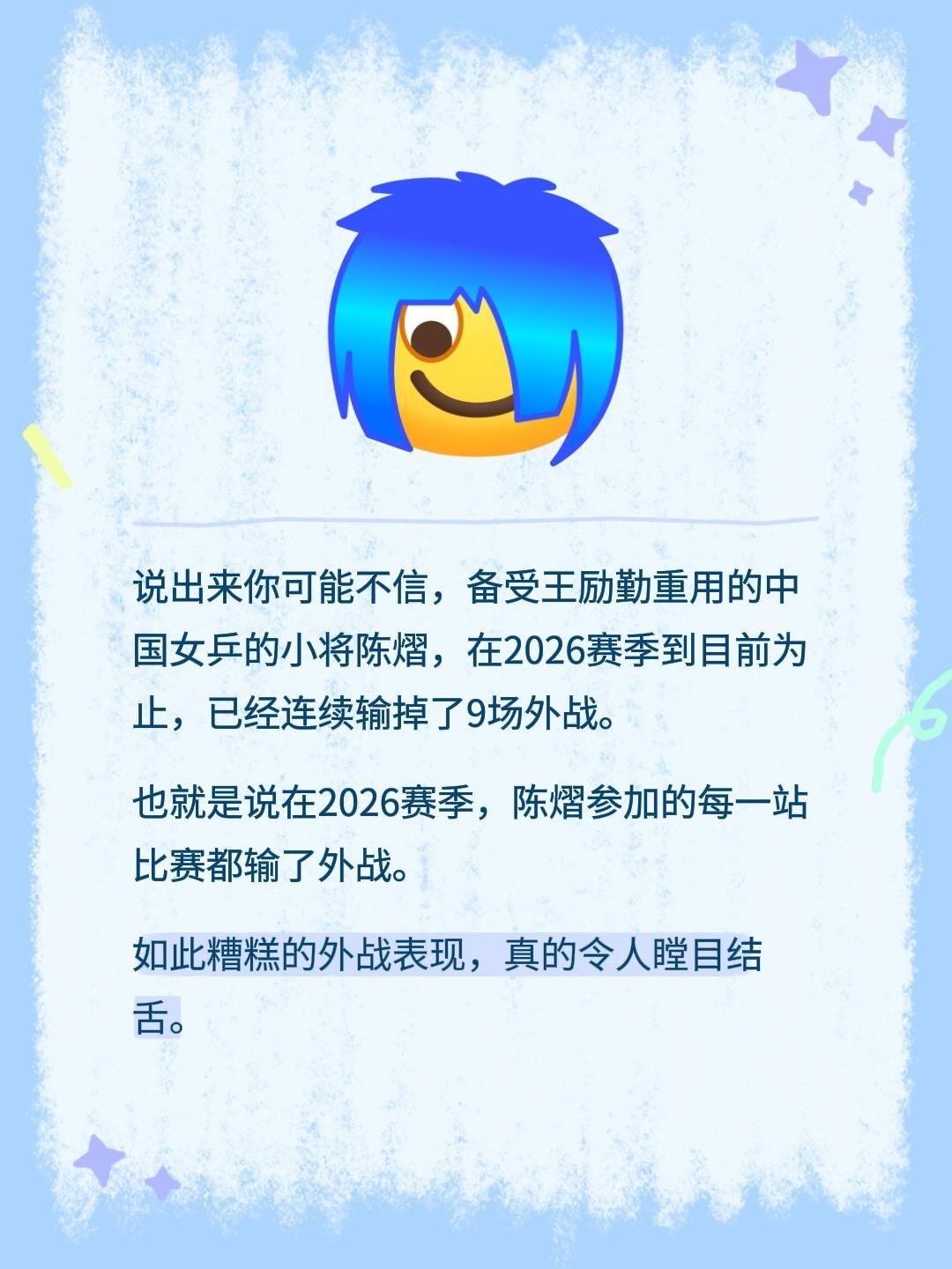 说出来你可能不信，备受王励勤重用的中国女乒的小将陈熠，在2026赛季到目前为止，
