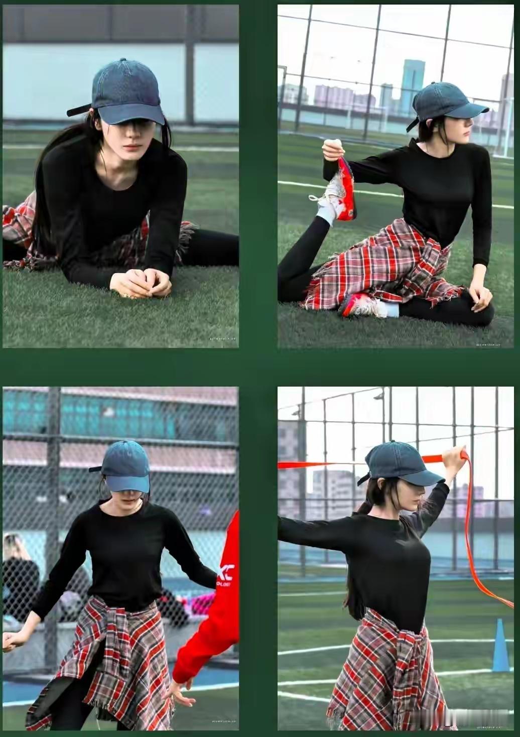 运动穿搭不只有成套紧身衣，热巴《功夫女足》片场格纹混搭耐看热巴在《功夫女足》片场