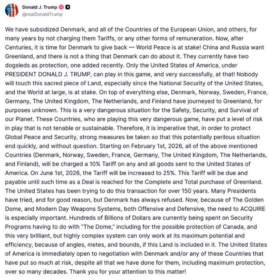 突发新闻：特朗普表示，将于2月1日开始对8个欧洲国家征收10%的关税；自6月1日