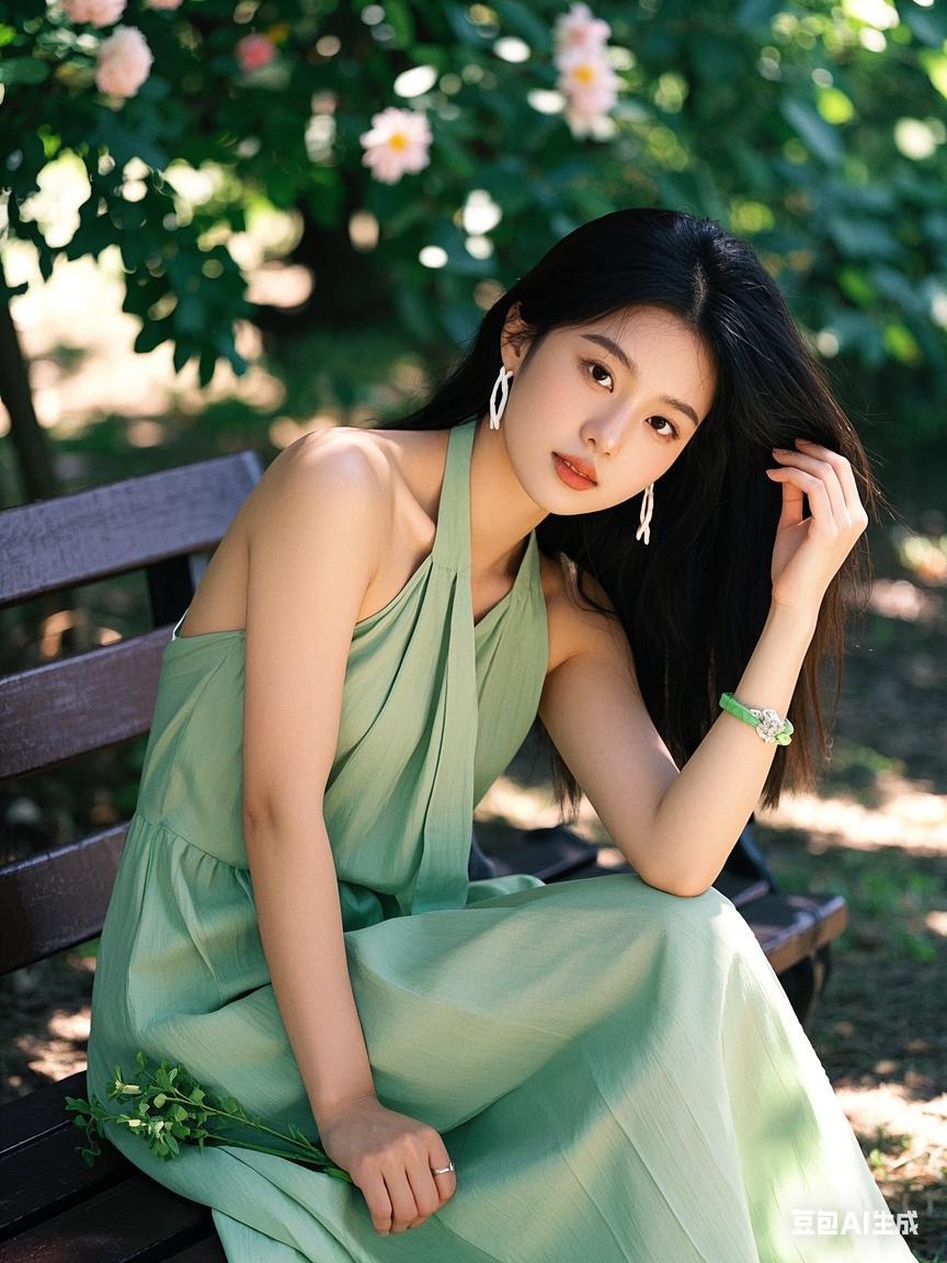 女子黑发垂肩，身着淡绿色宽松无袖挂脖裙，于户外长椅窗台旁轻倚。手持花束绿叶，佩戴