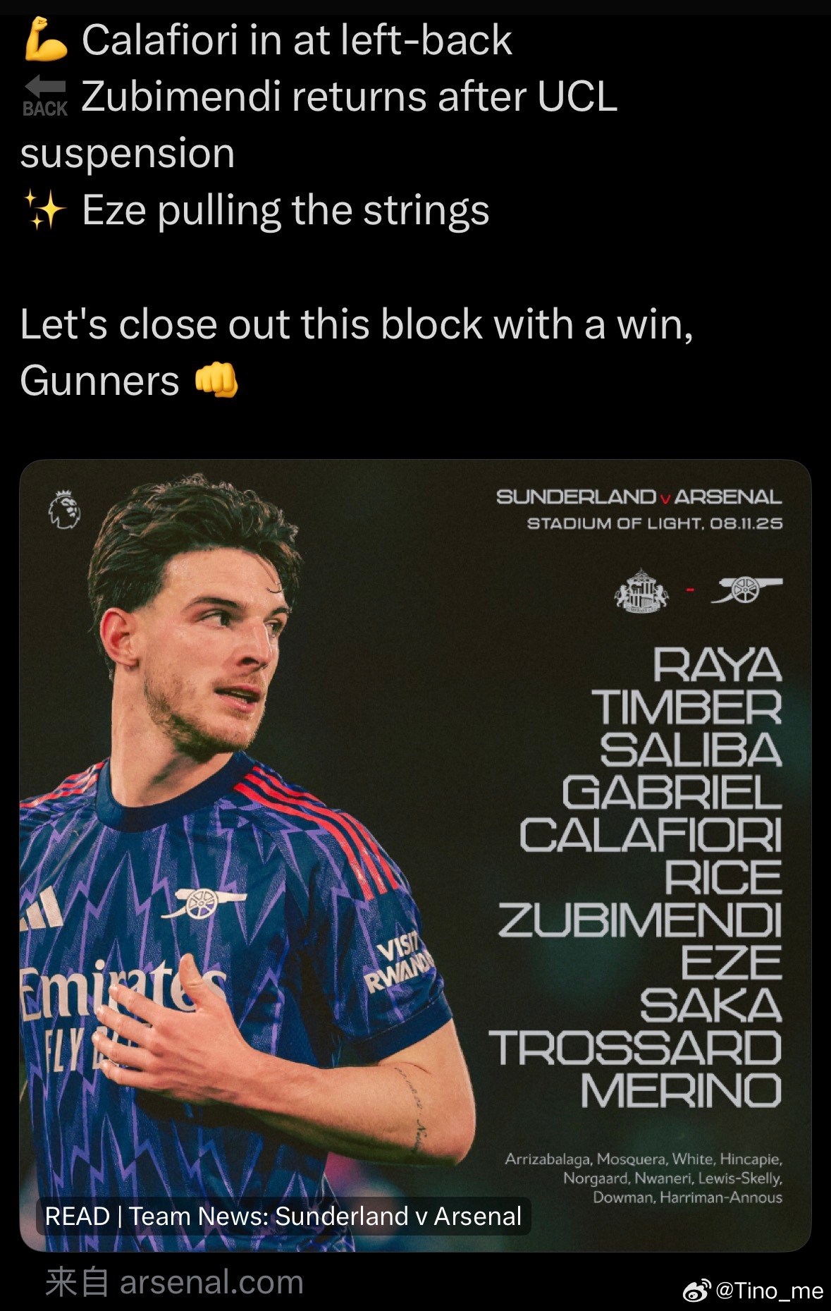 梅里诺替换哲凯首发，凯帕回归替补席。 ​​​