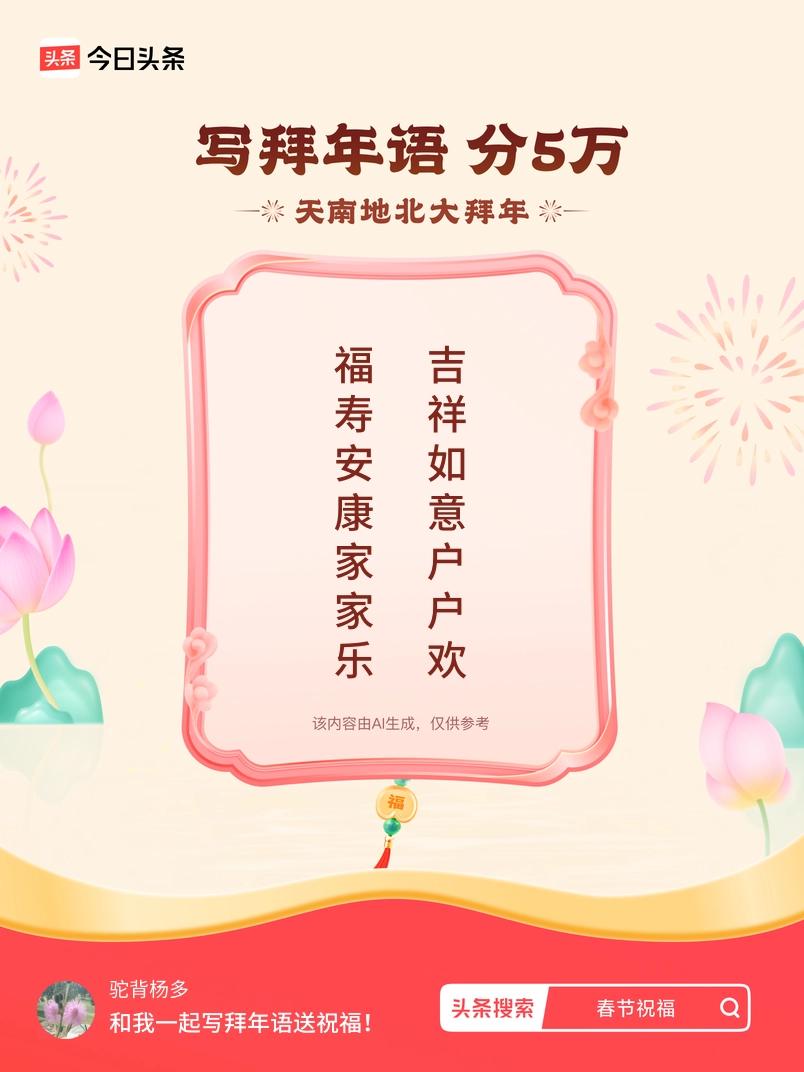 写拜年语送祝福新春拜年送祝福！我的祝福是：“福寿安康家家乐，吉祥如意户户欢”！快