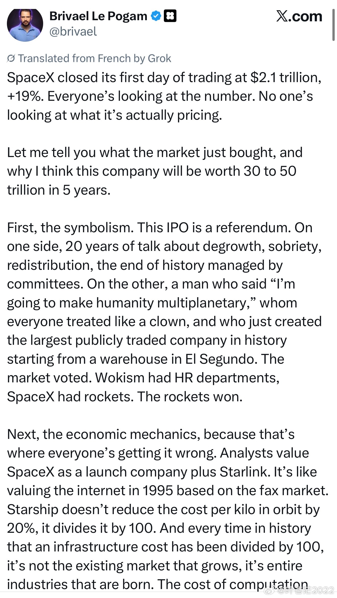 马斯克昨天转发了这篇分析文章。SpaceX 首日收盘市值为 2.1 万亿美元，涨