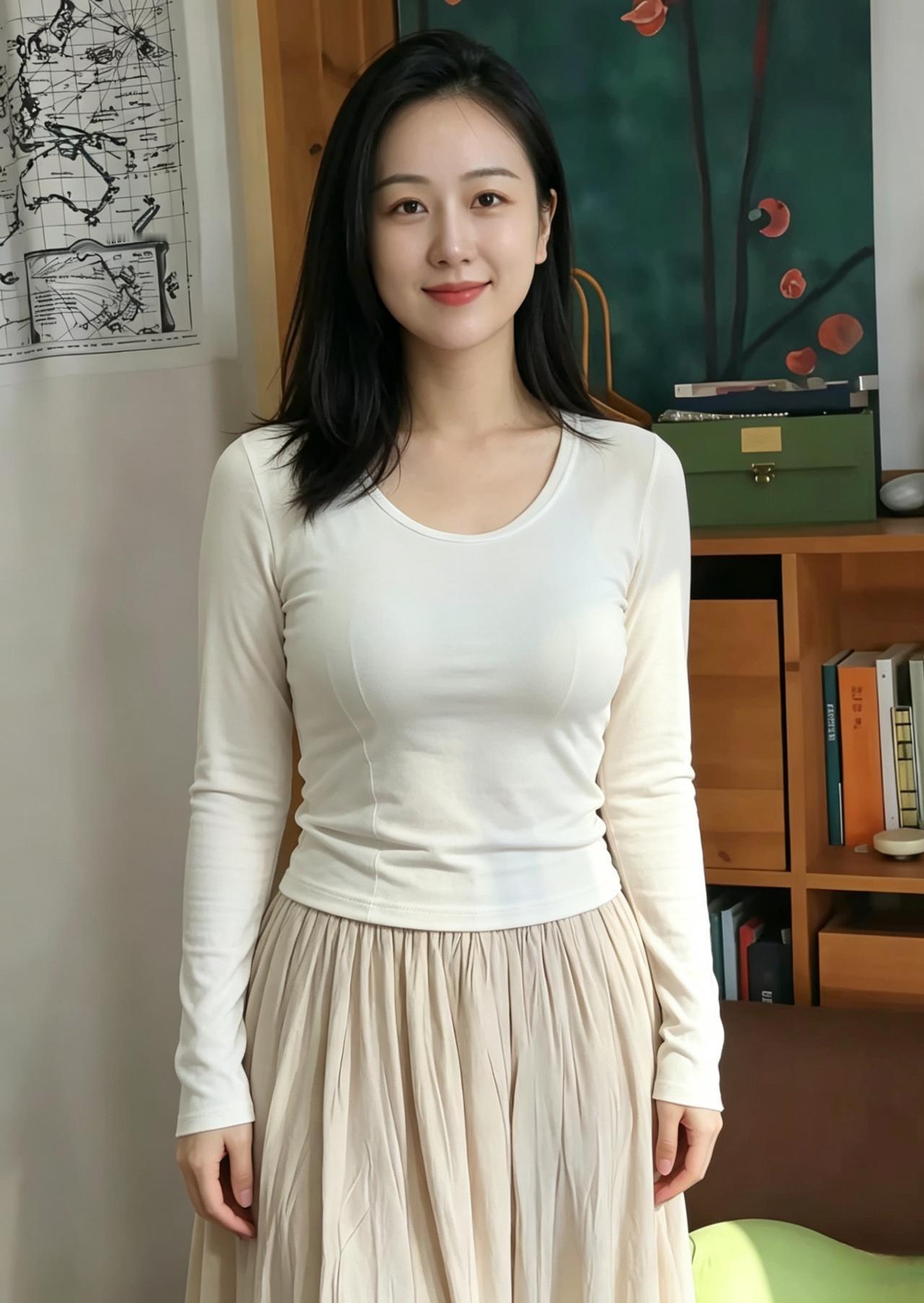 房间里的光，是温柔的，
落在你身上，像一层薄纱。
白衫、米色的裙，
和你脸上浅浅