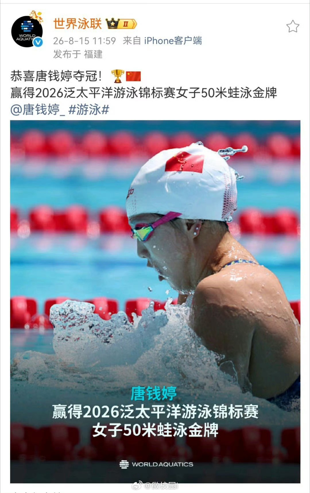 世界泳联发文恭喜唐钱婷夺冠 世界泳联官方今日发文祝贺唐钱婷在2026年泛太平洋游