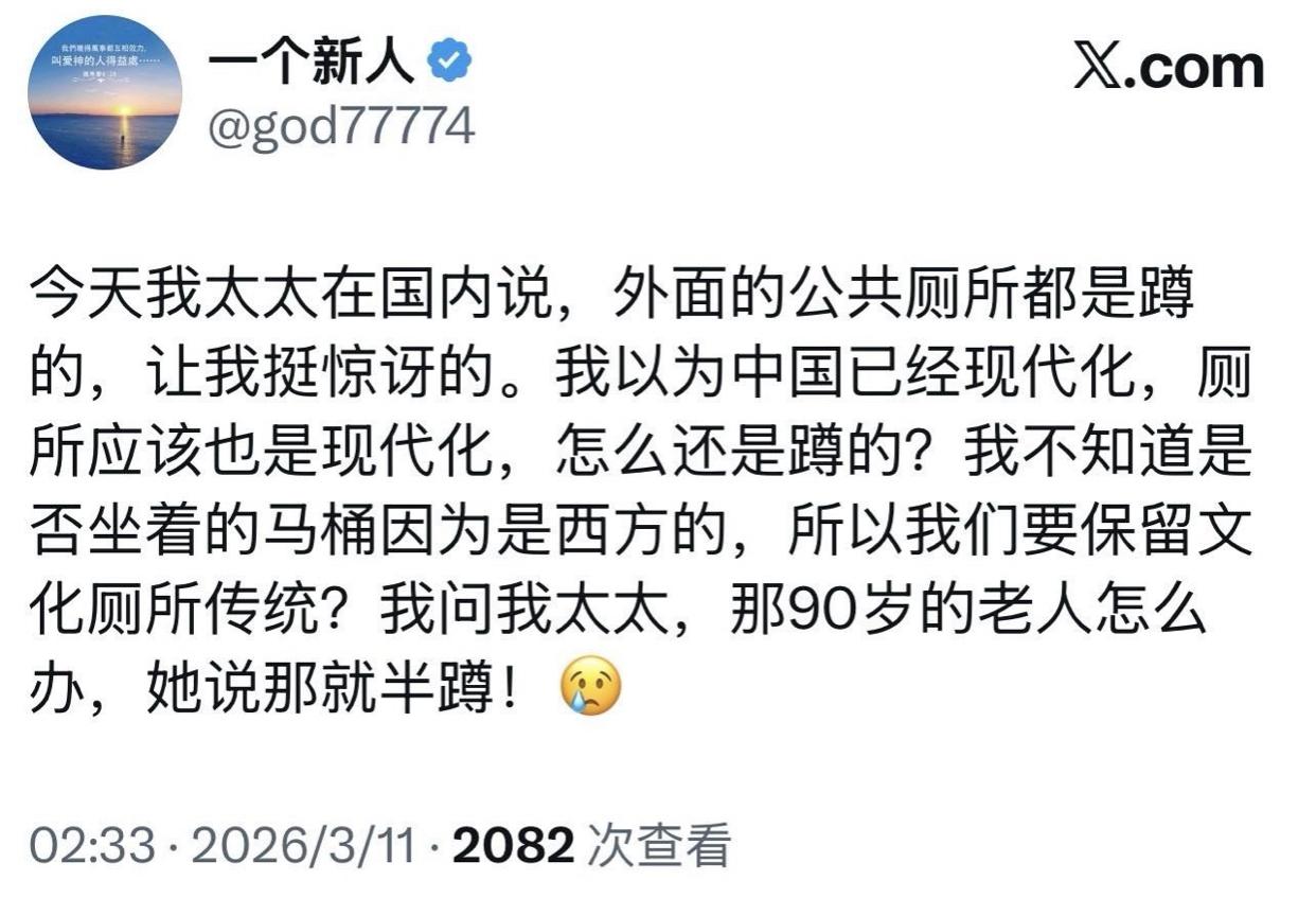 一位在国外的华人男子发文表示：他认为中国已经够现代化了，厕所也应该是现代化，但让