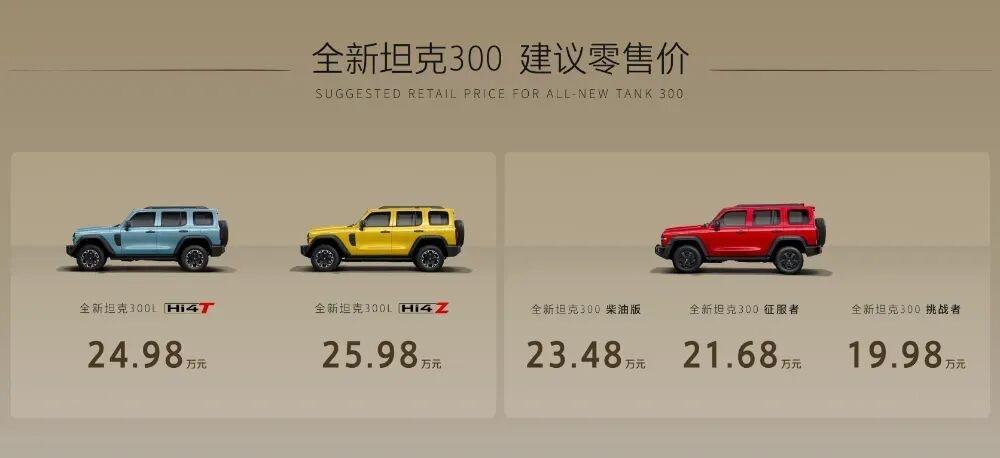 全新坦克300涵盖汽油、柴油、插电混动多种动力形式，5款车型的售价区间为19.9