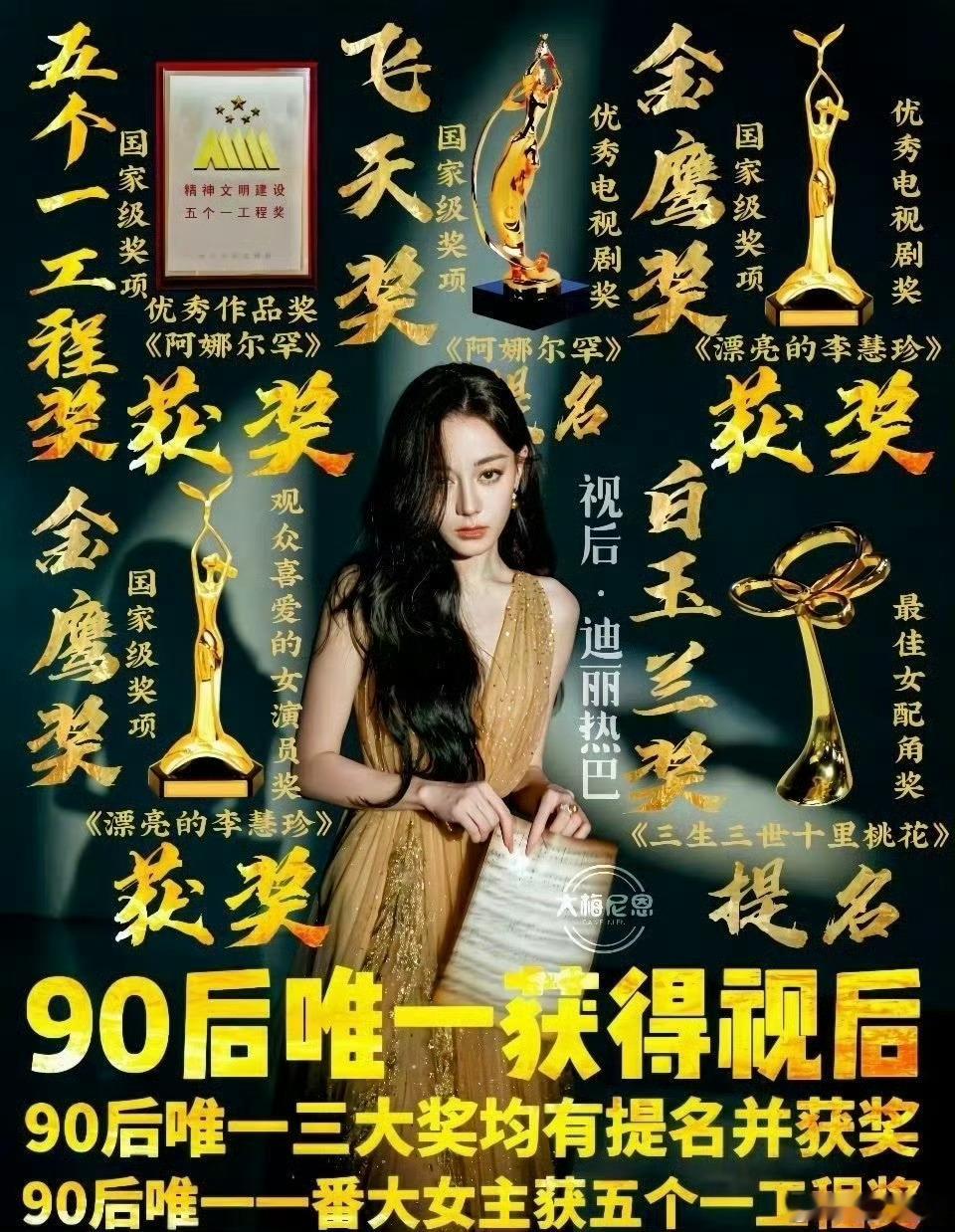 迪丽热巴90🌸唯一三大奖视后 金鹰视后，90top1实至名归啊！热巴太🐮了！