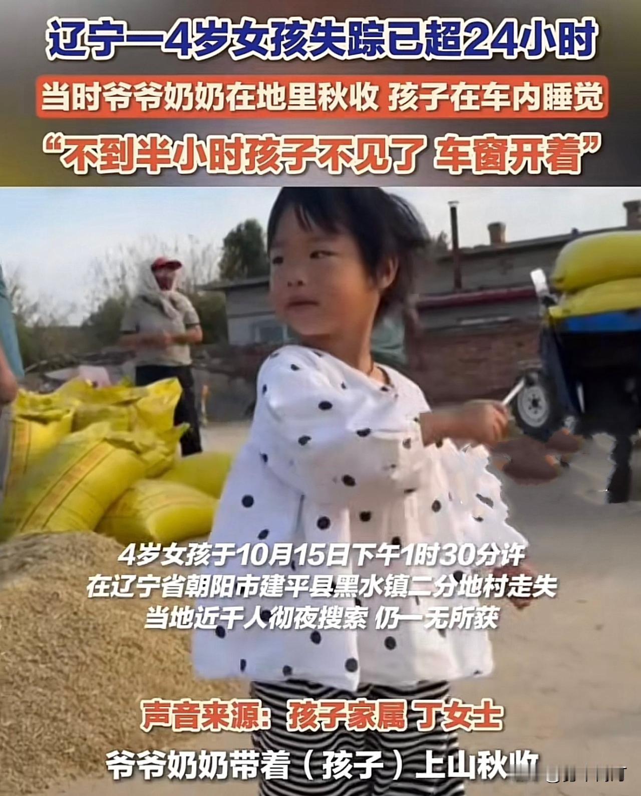 4岁女童车内睡觉离奇失踪，千人搜救超24小时无果！

红色上衣、绿色裤子，在辽宁