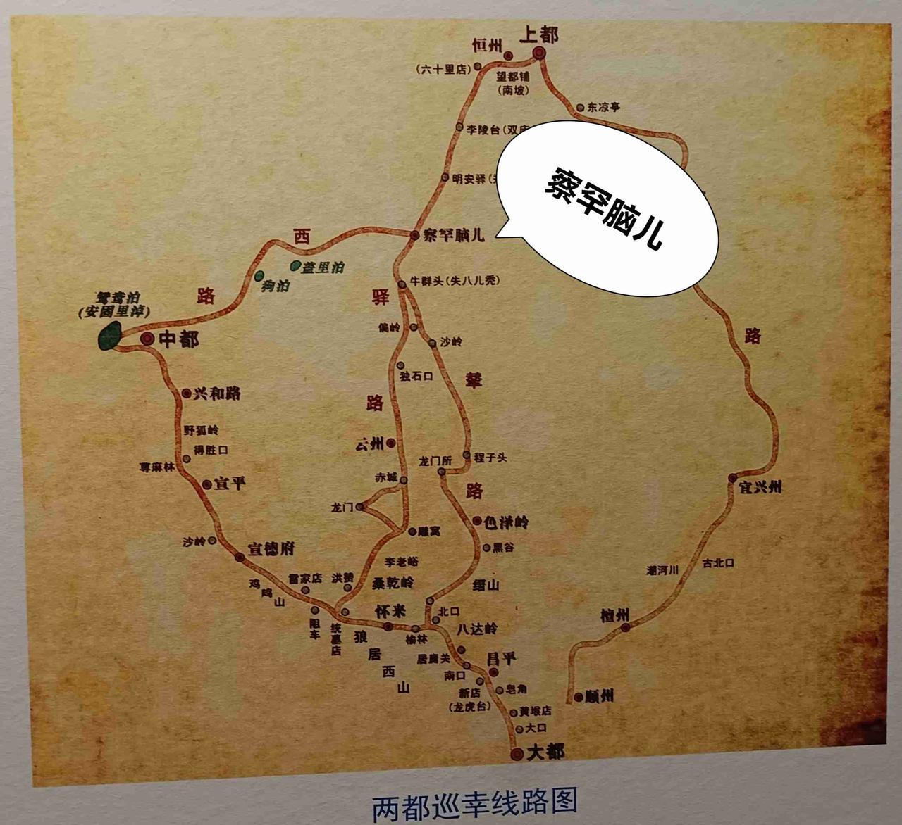 “察哈尔”的地名探讨。
看元上都遗址博物馆展示图，有一张元大都到元上都的路线图。