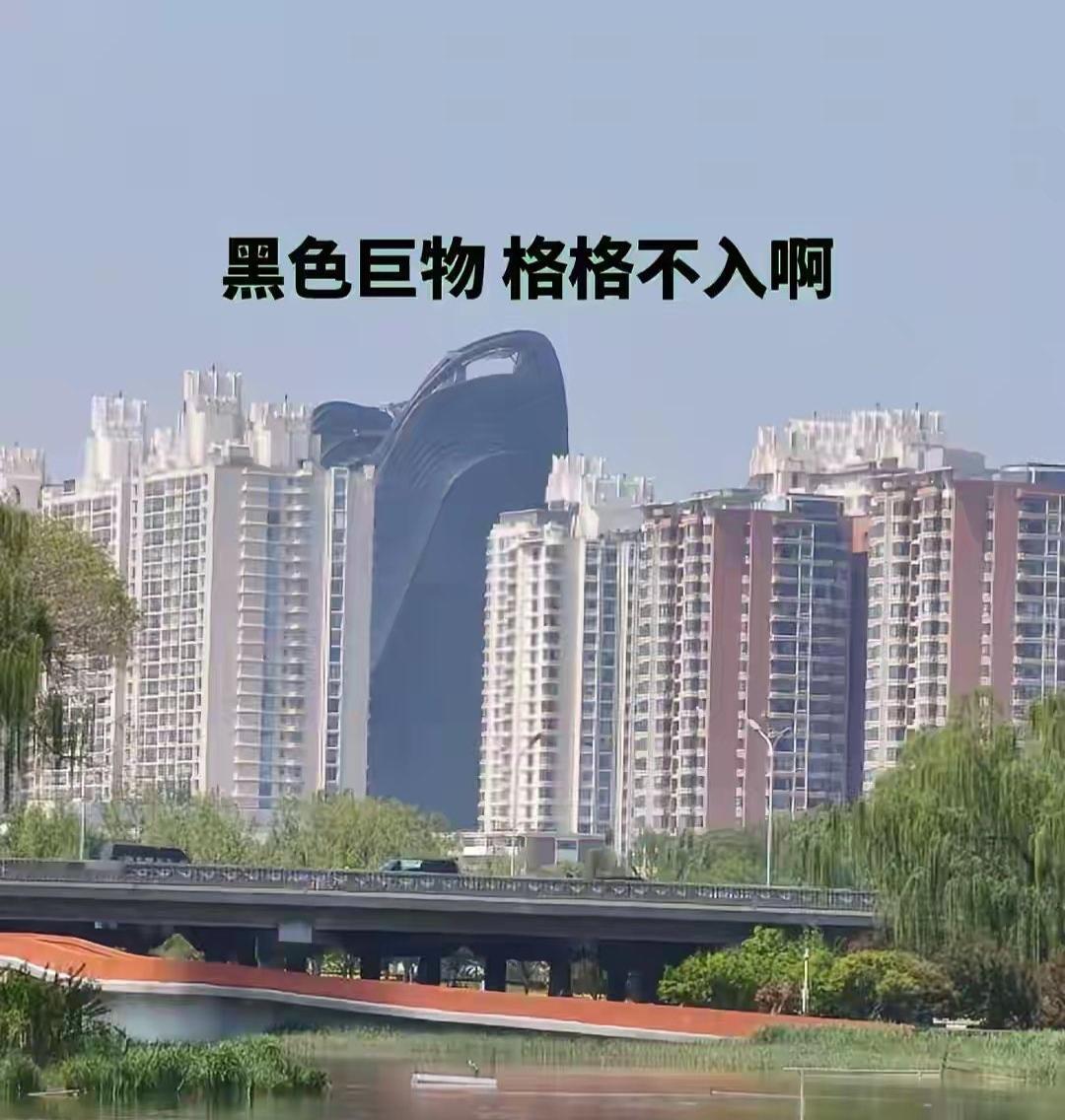 隔着湖面远远望去，这片居民区中间突然戳出一座通体漆黑的流线型大楼，视觉冲击力拉满
